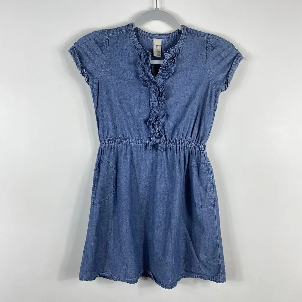 OshKosh B'Gosh Girls Size 7 Ruffle Detail Denim Dress Blue 100% Cotton